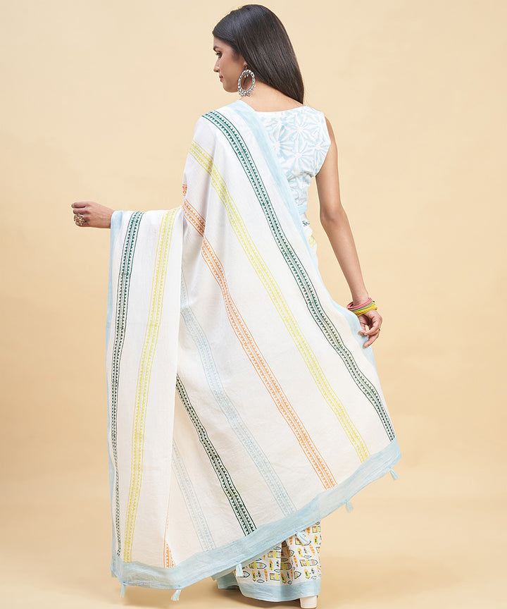 Offwhite multicolor hand block sanganeri printed saree