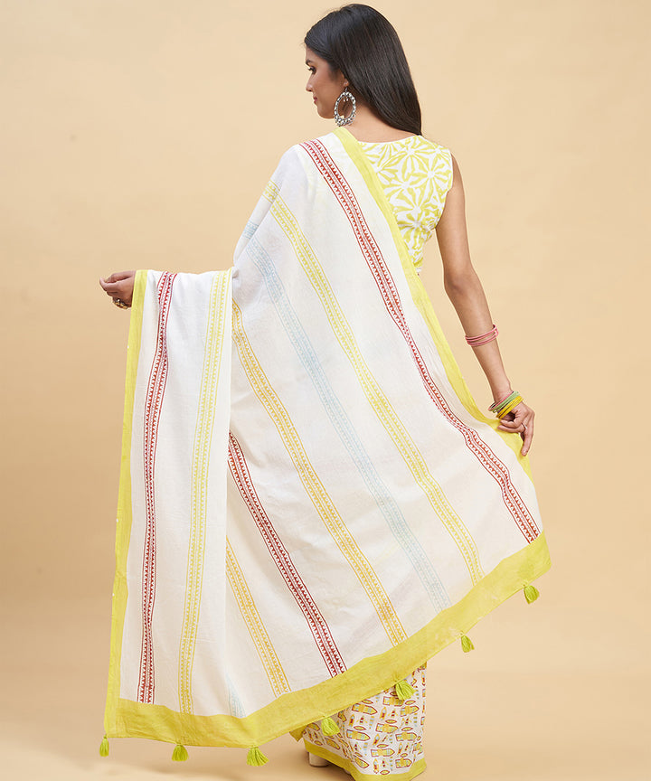 White yellow hand block cotton sanganeri printed saree
