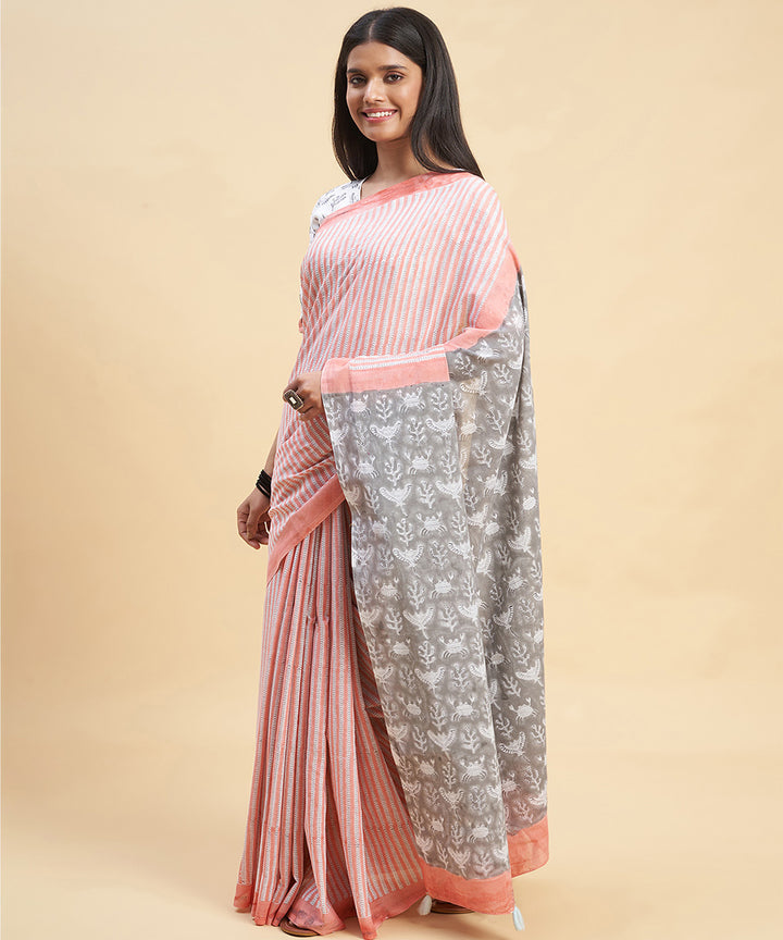 Pink grey cotton hand block sanganeri printed saree