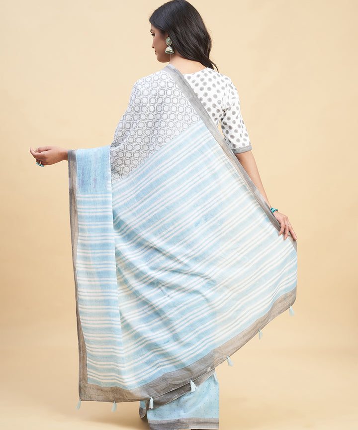 Grey sky blue cotton hand block sanganeri printed saree