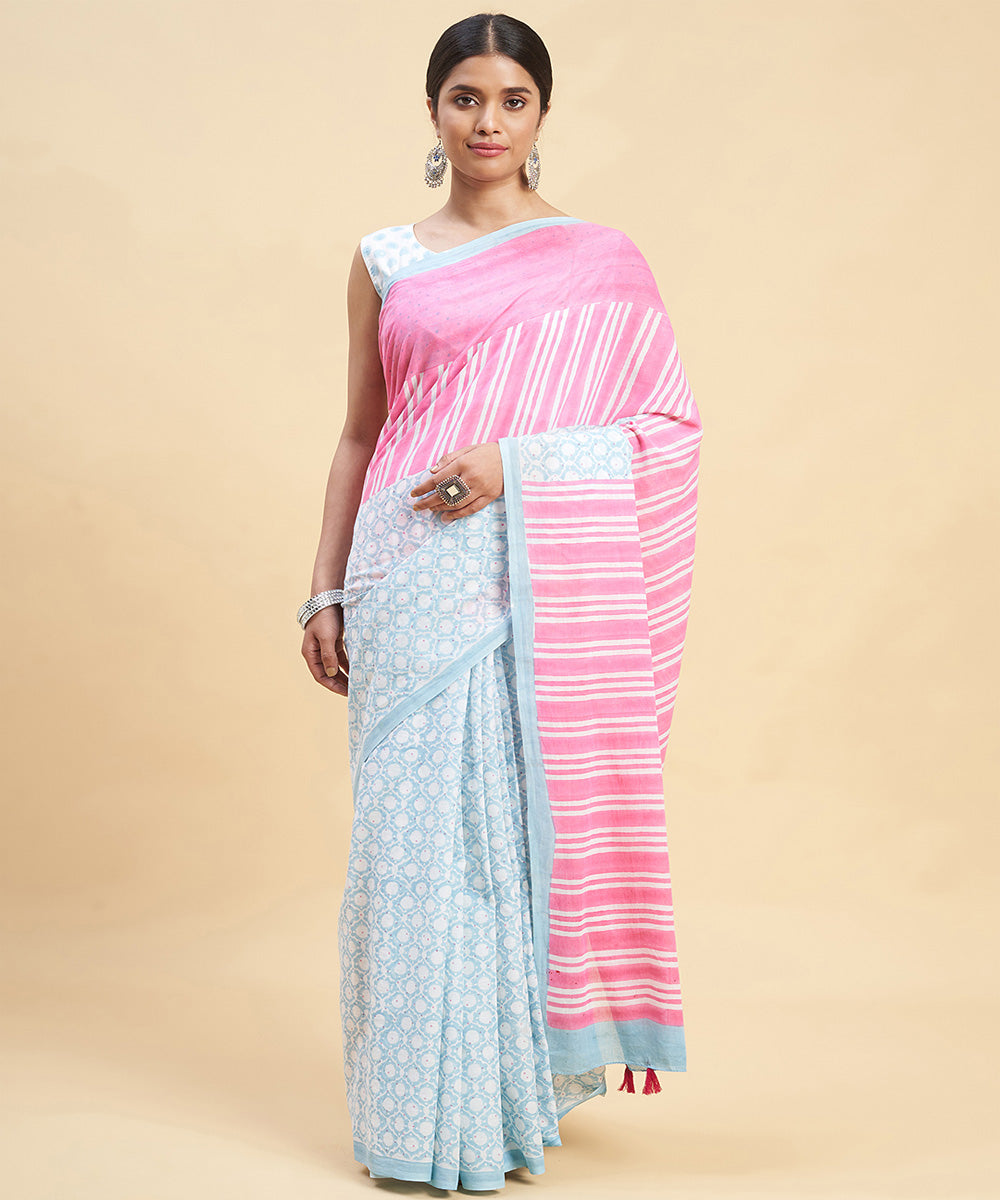 Pink sky blue sanganeri hand block printed cotton saree