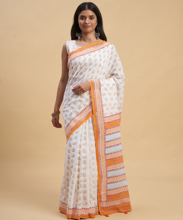 Offwhite orange hand block sanganeri printed cotton saree