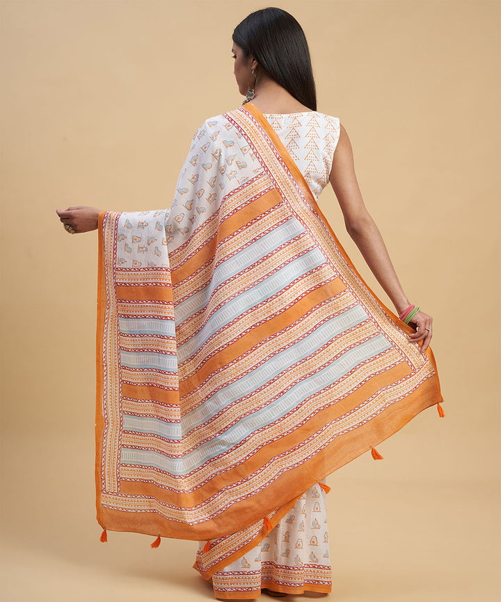 Offwhite orange hand block sanganeri printed cotton saree