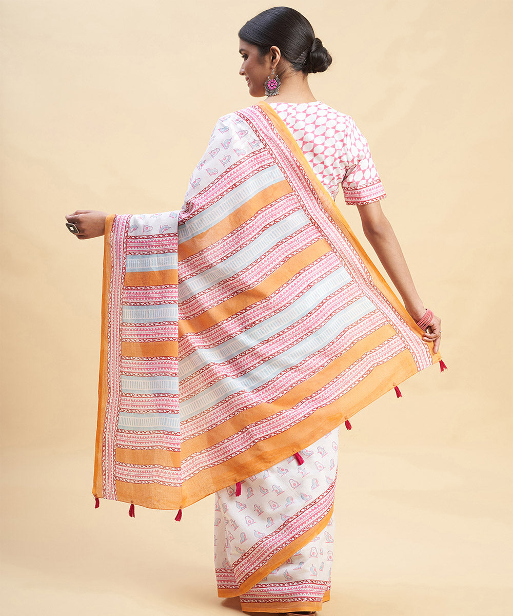 Offwhite orange cotton sanganeri hand block printed saree
