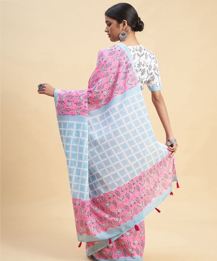 Pink sky blue cotton hand block sanganeri printed saree