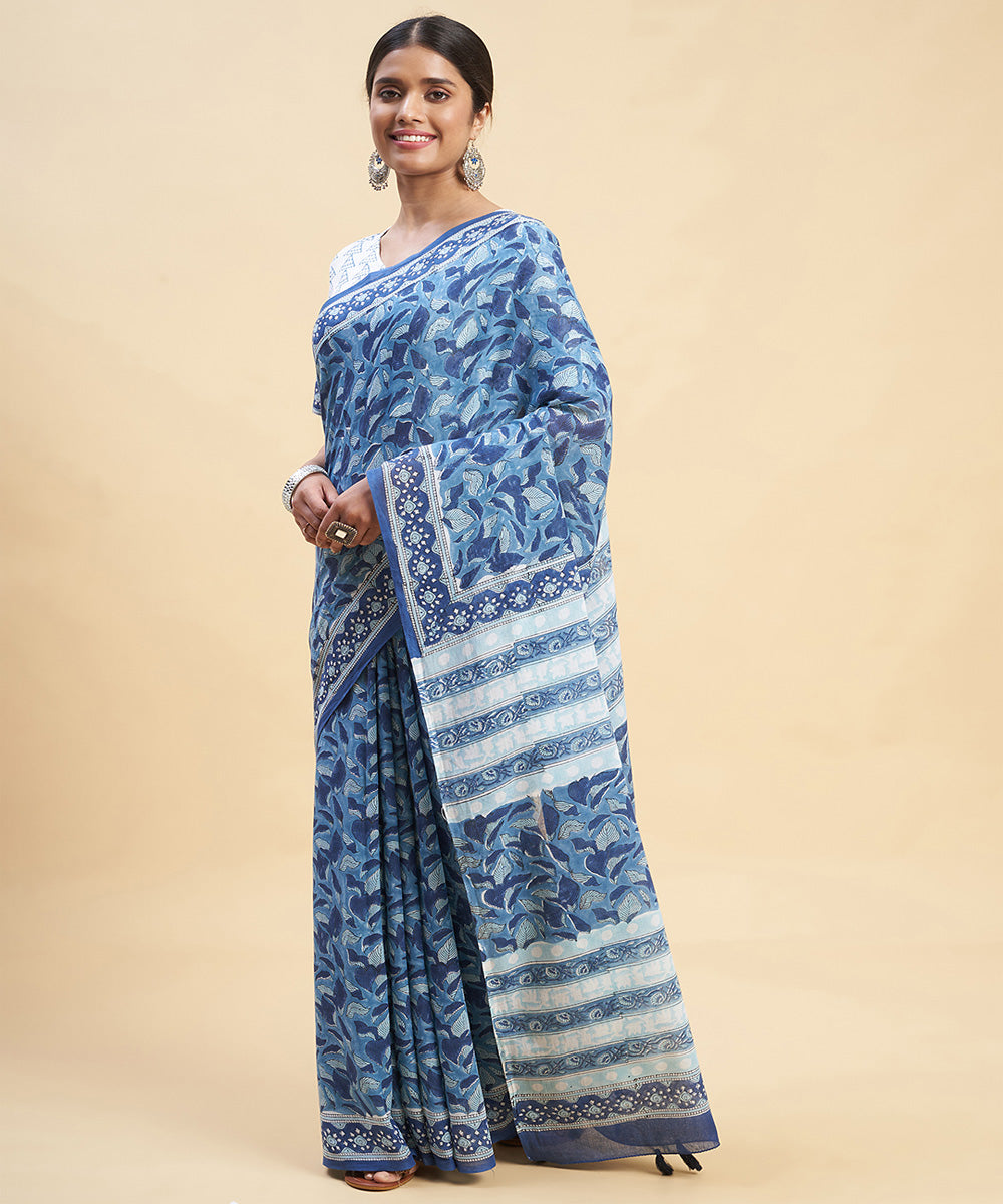 Sky blue indigo cotton hand block sanganeri printed saree