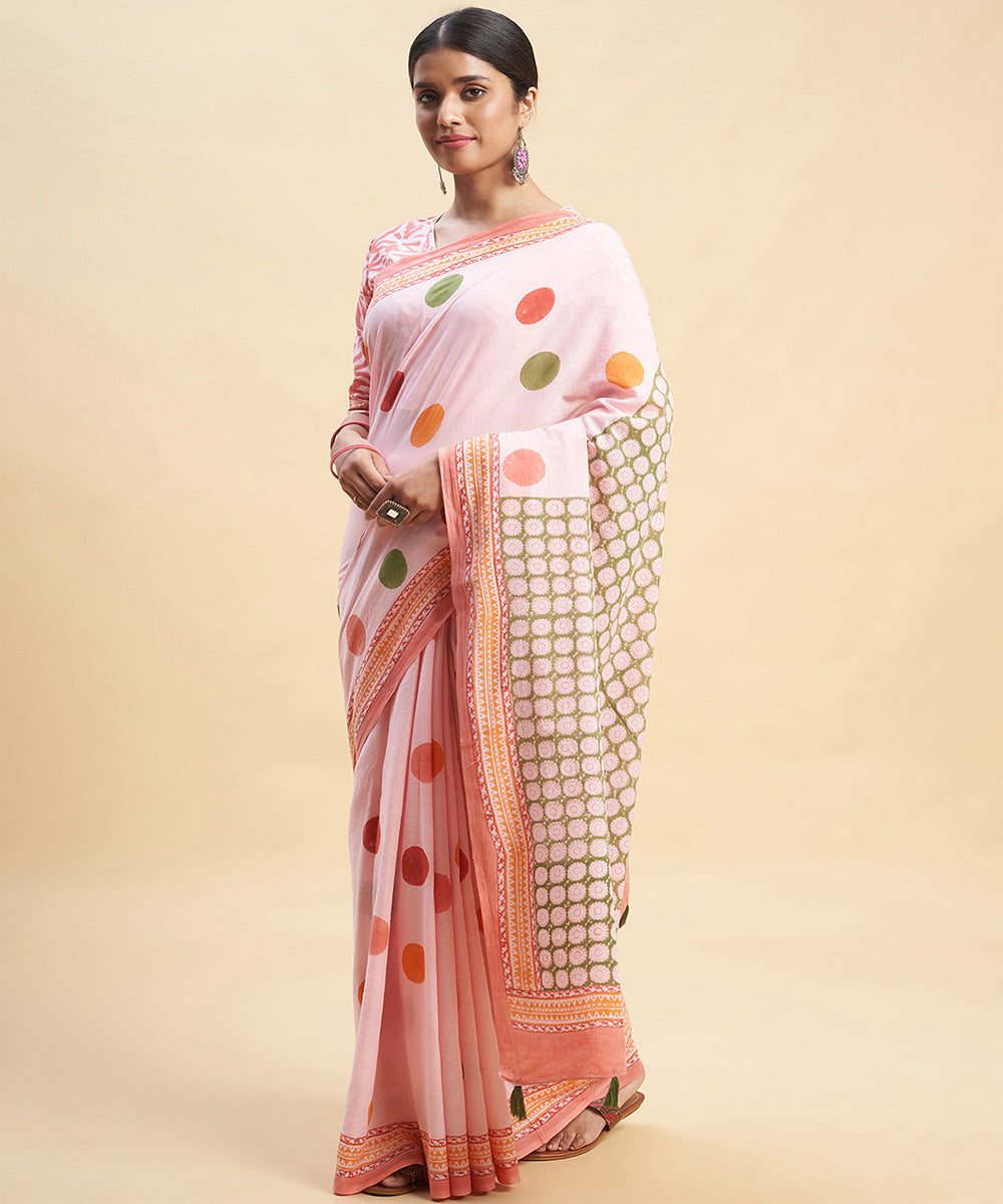 Pink multicolor cotton hand block sanganeri printed saree