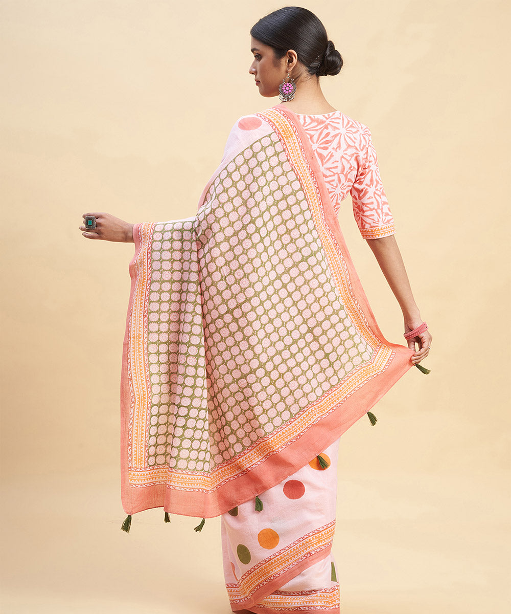 Pink multicolor cotton hand block sanganeri printed saree