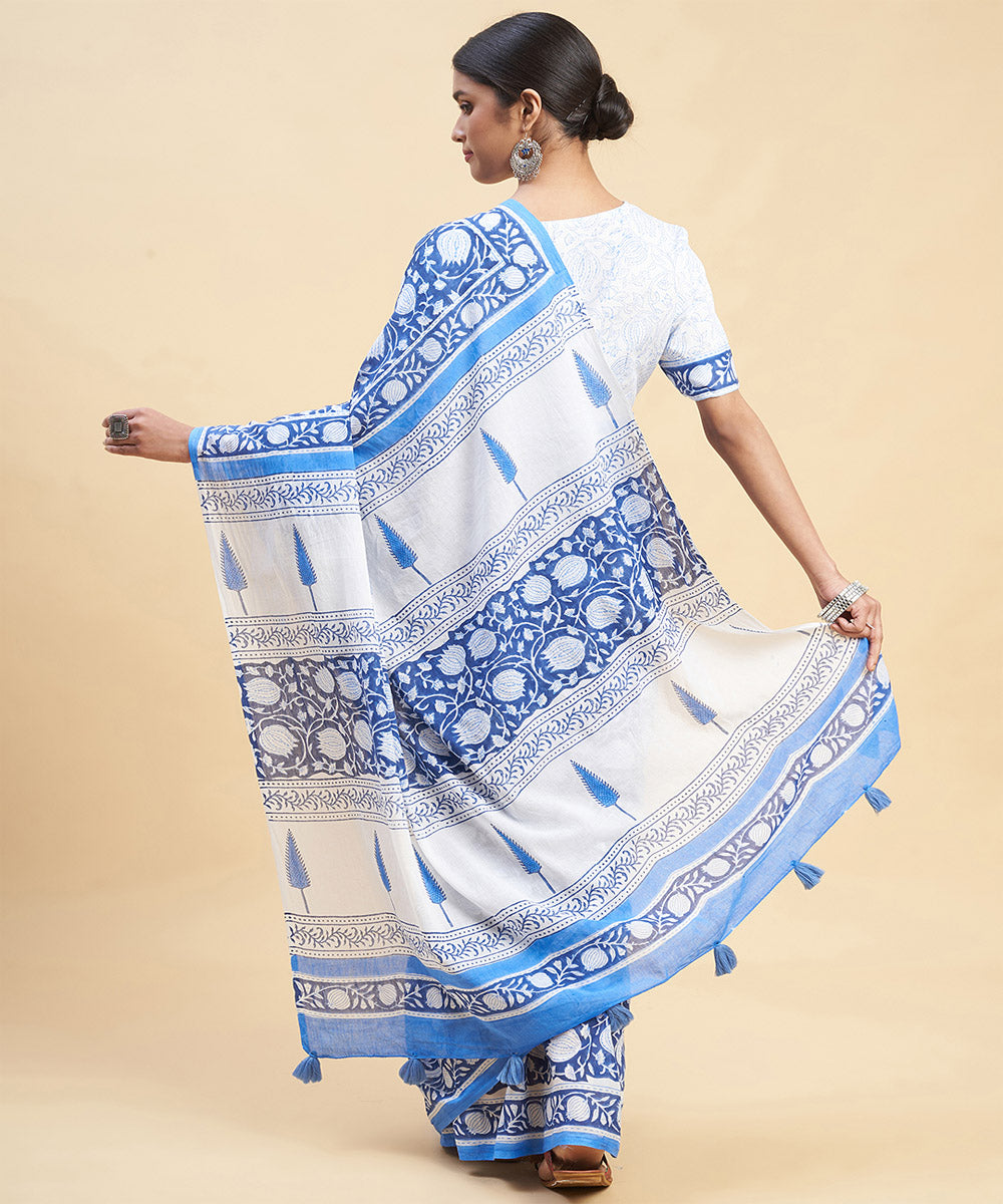 Navy blue white cotton hand block sanganeri printed saree