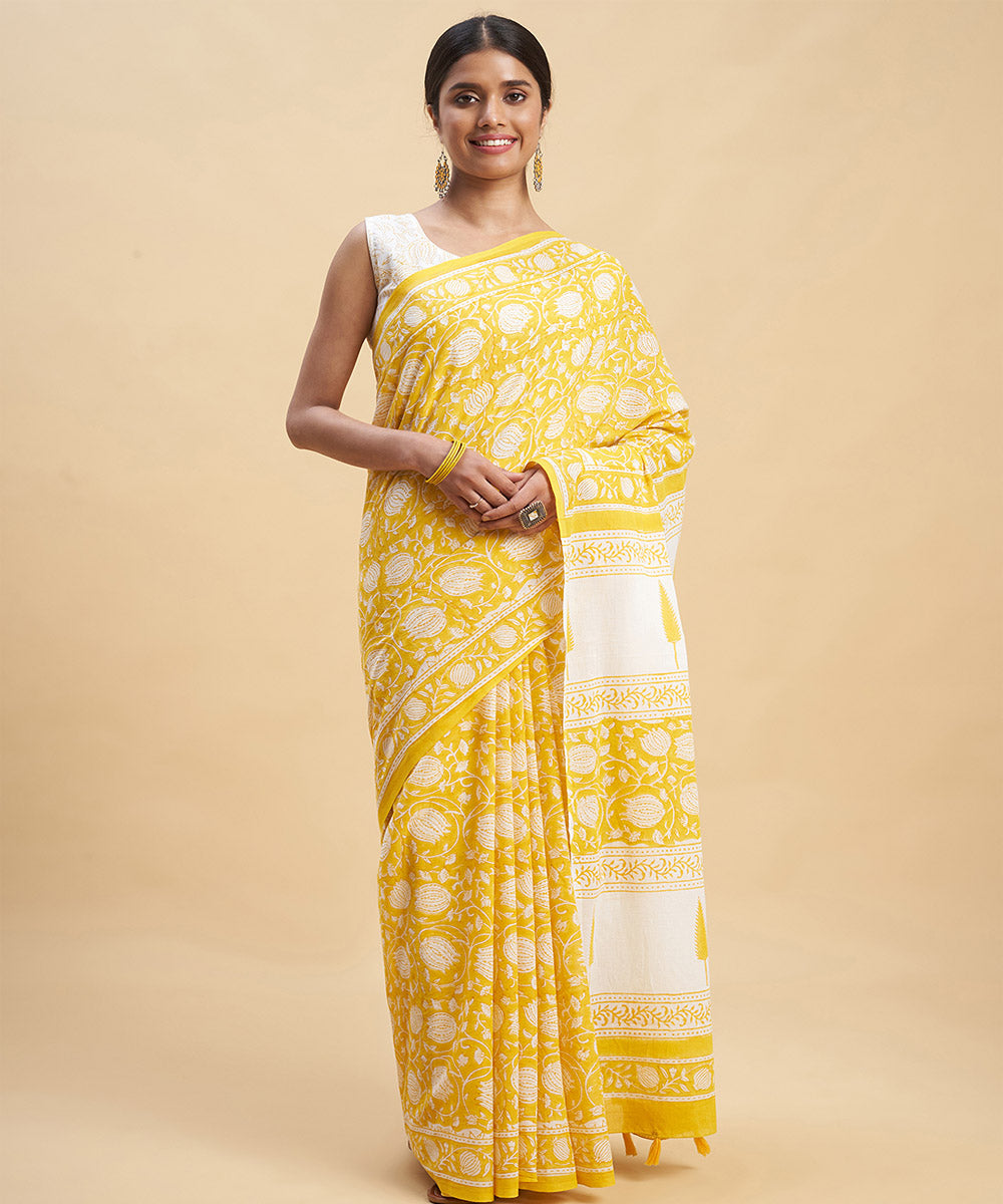 Yellow white cotton hand block sanganeri printed saree
