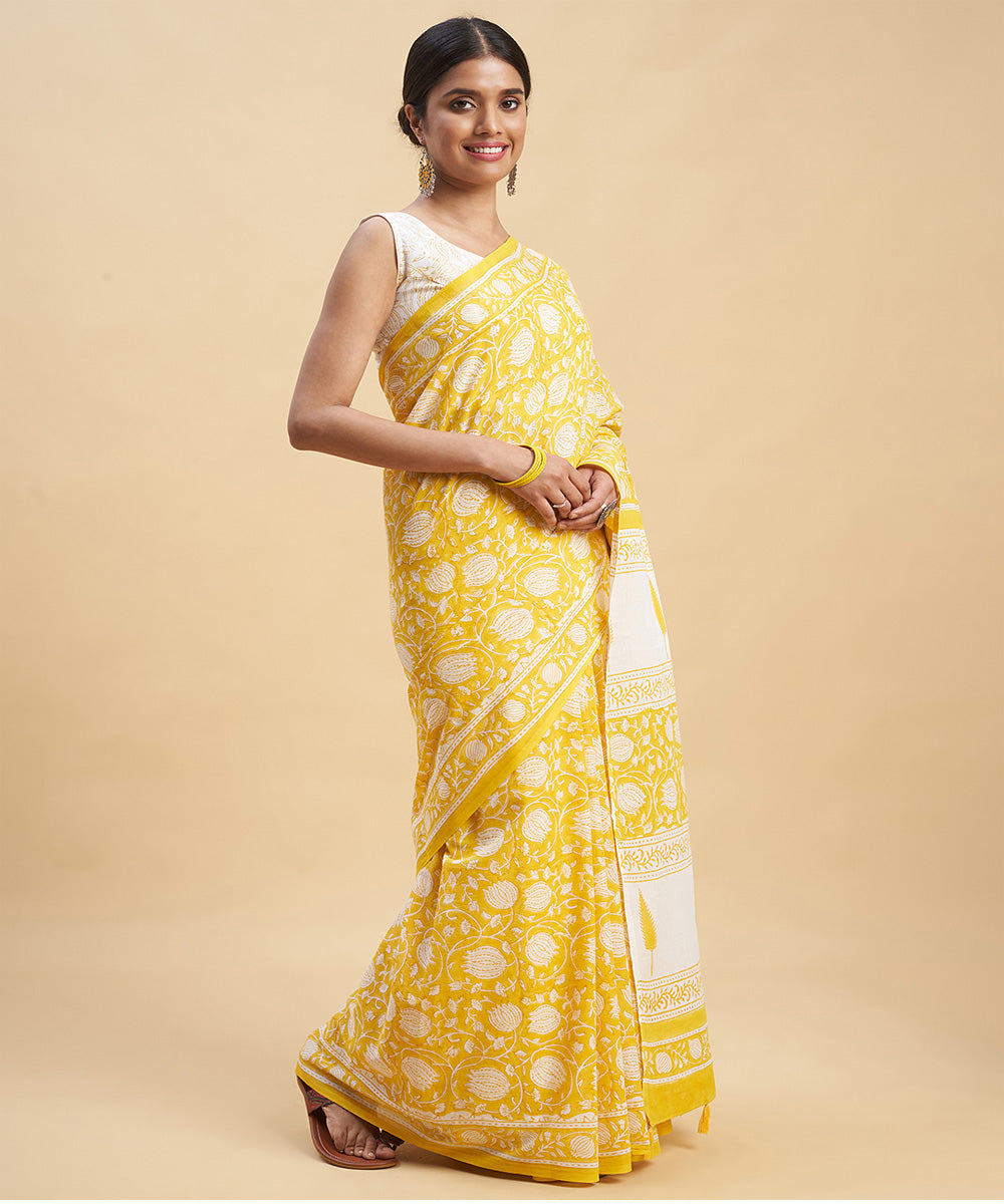 Yellow white cotton hand block sanganeri printed saree