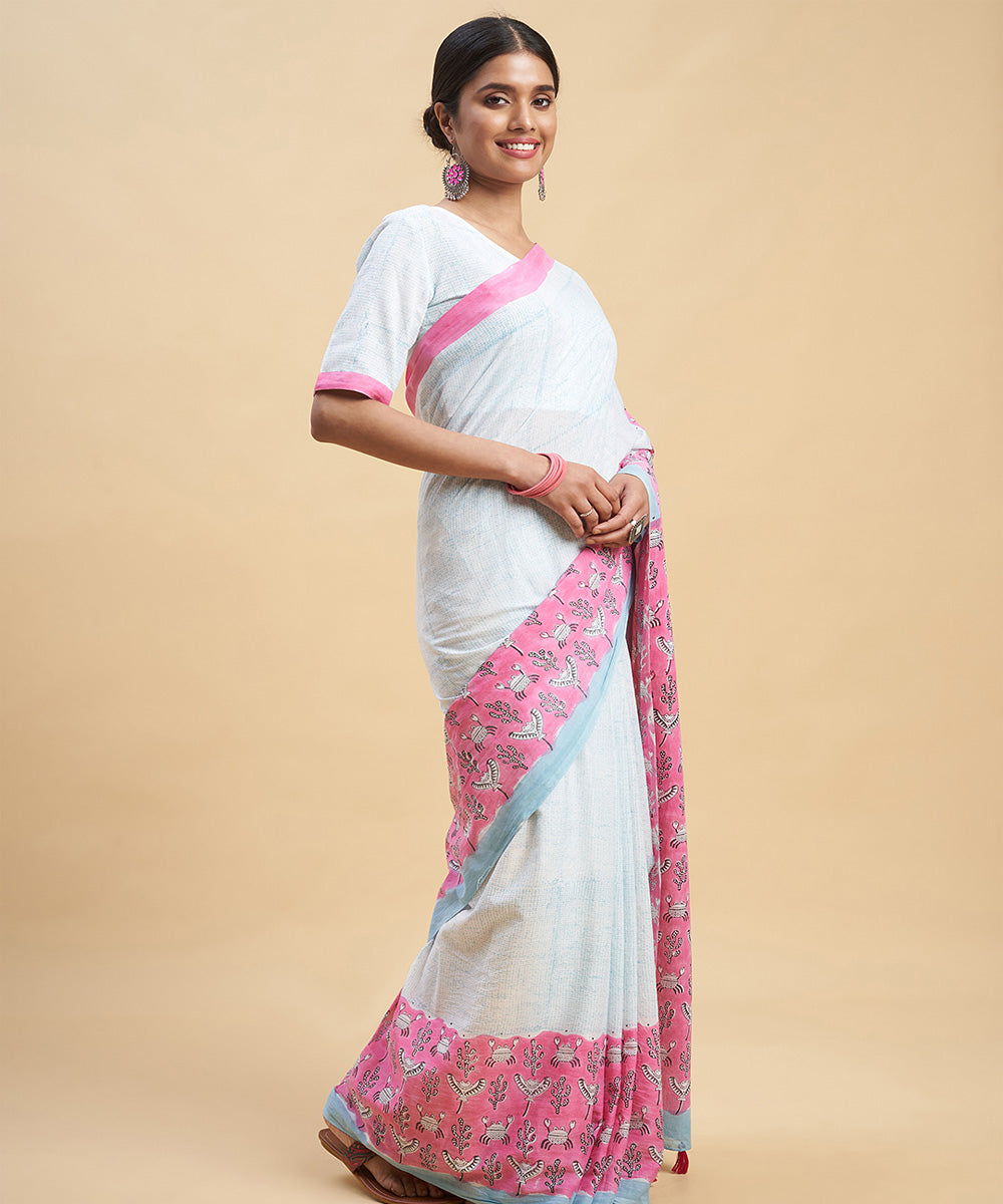Sky blue pink cotton hand block sanganeri printed saree