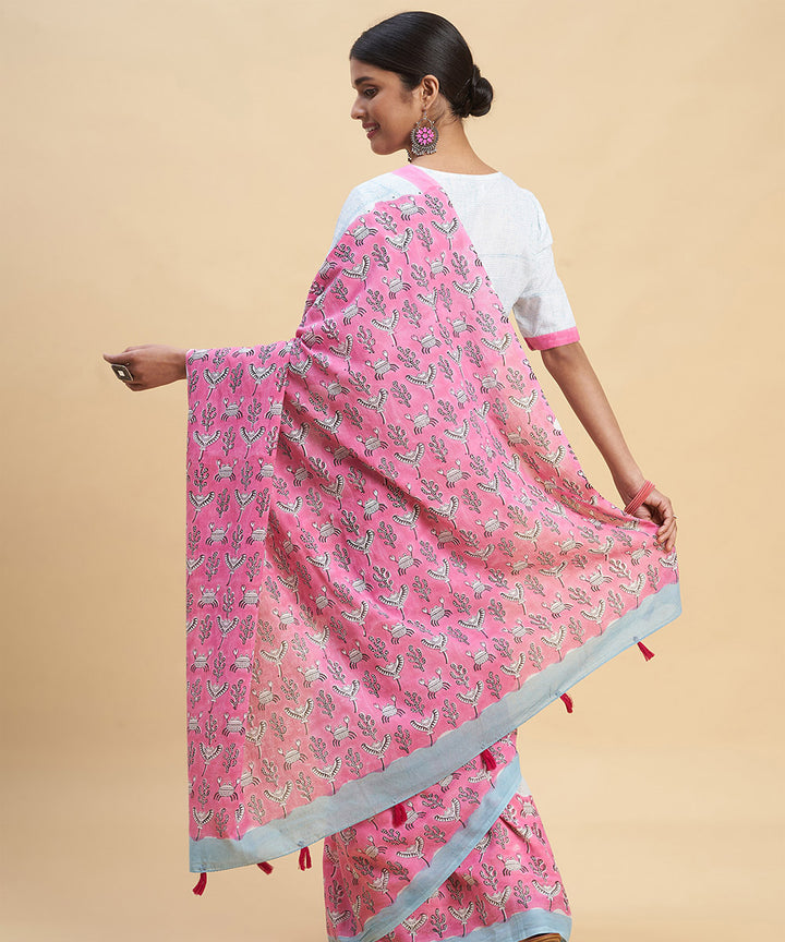 Sky blue pink cotton hand block sanganeri printed saree