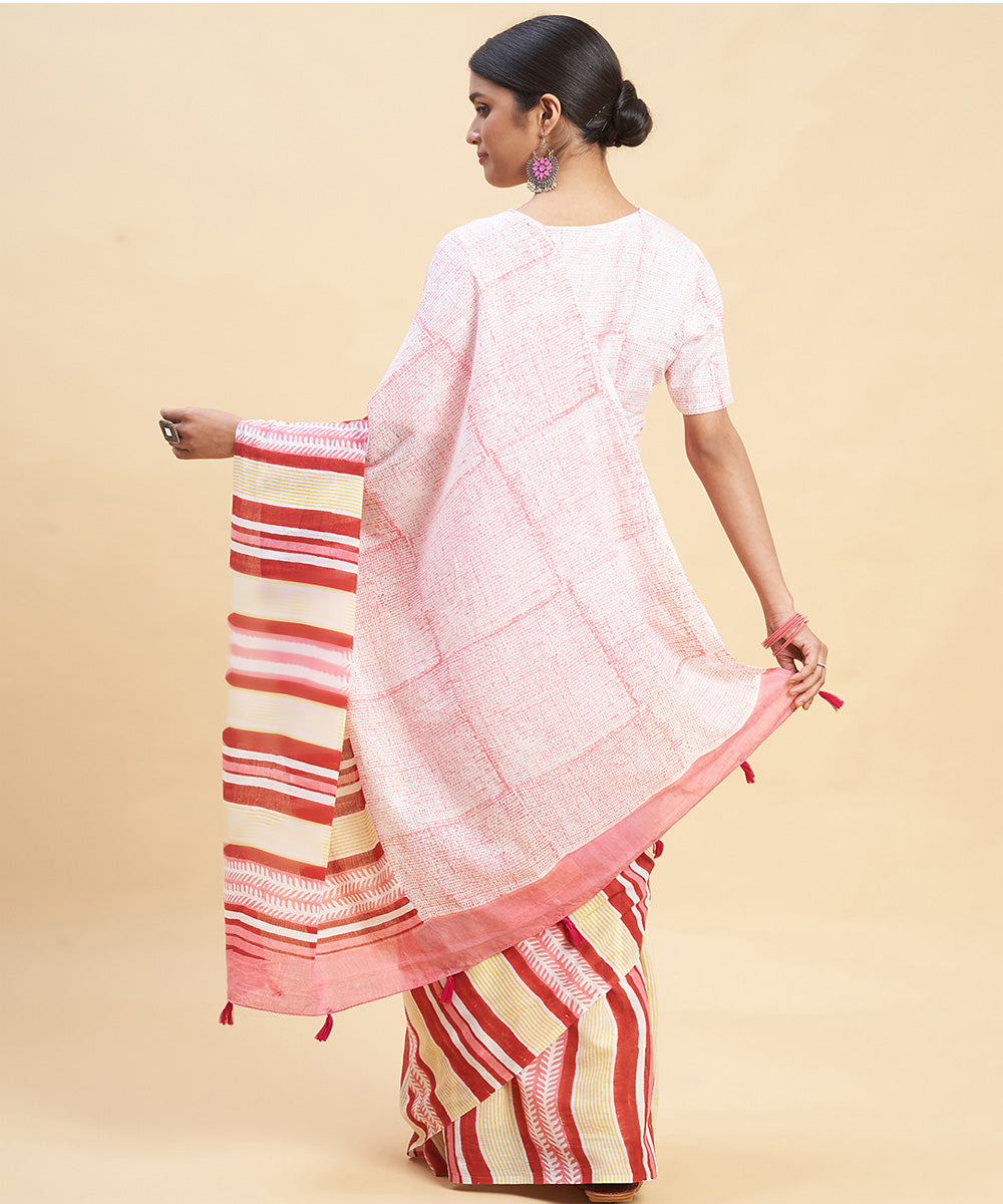 Pink yellow cotton hand block sanganeri printed saree