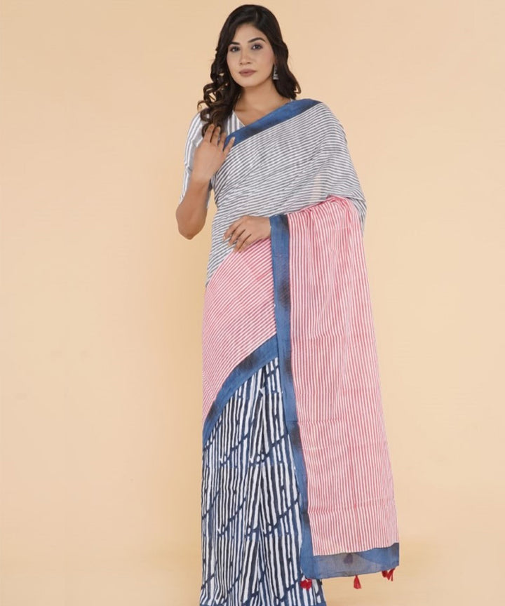 Blue pink cotton hand sanganeri printed saree