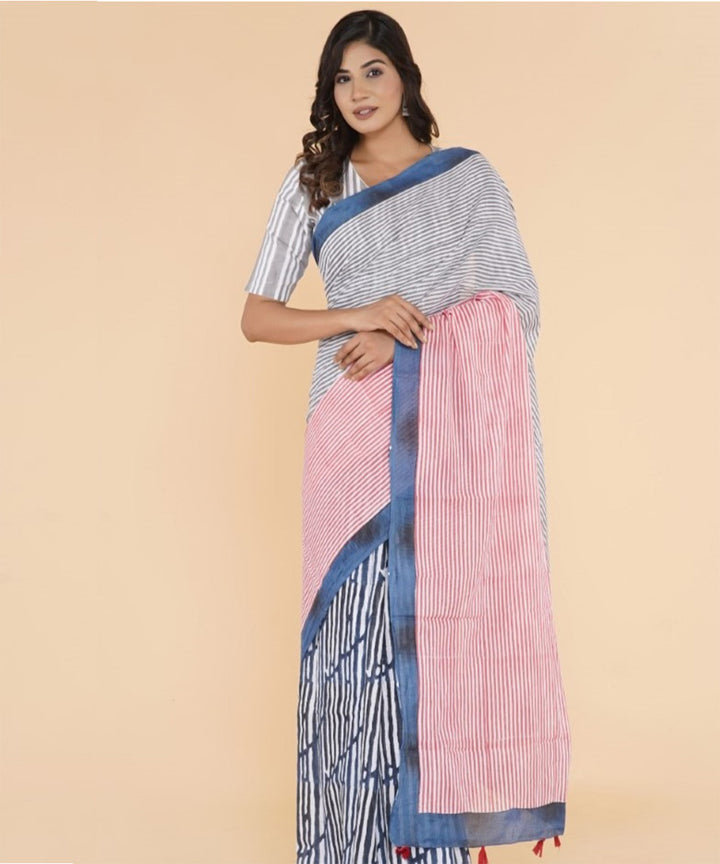 Blue pink cotton hand sanganeri printed saree