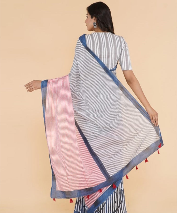 Blue pink cotton hand sanganeri printed saree