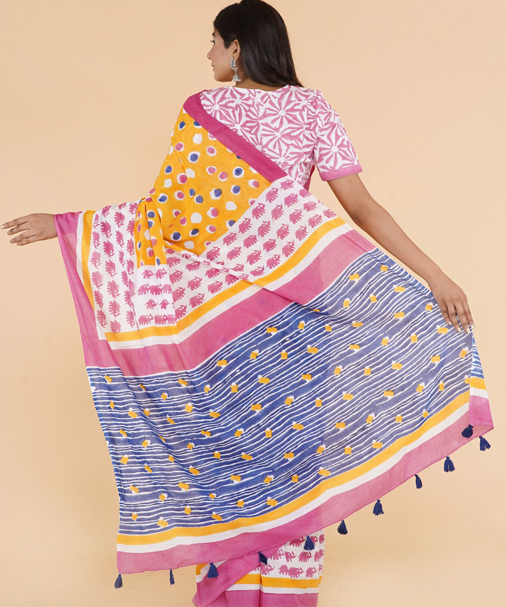 Pink yellow navy blue hand sanganeri printed cotton saree