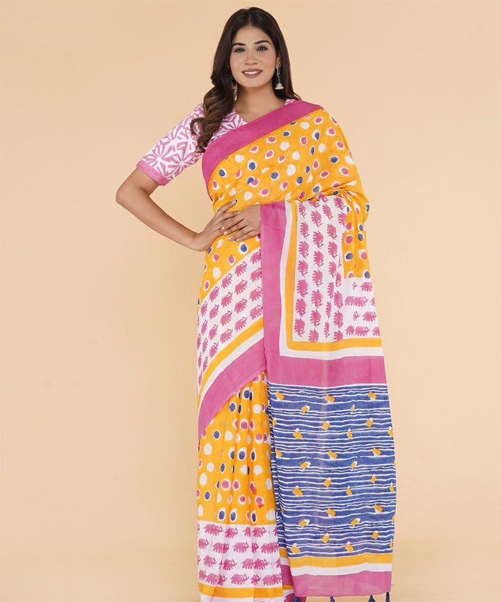 Pink yellow navy blue hand sanganeri printed cotton saree