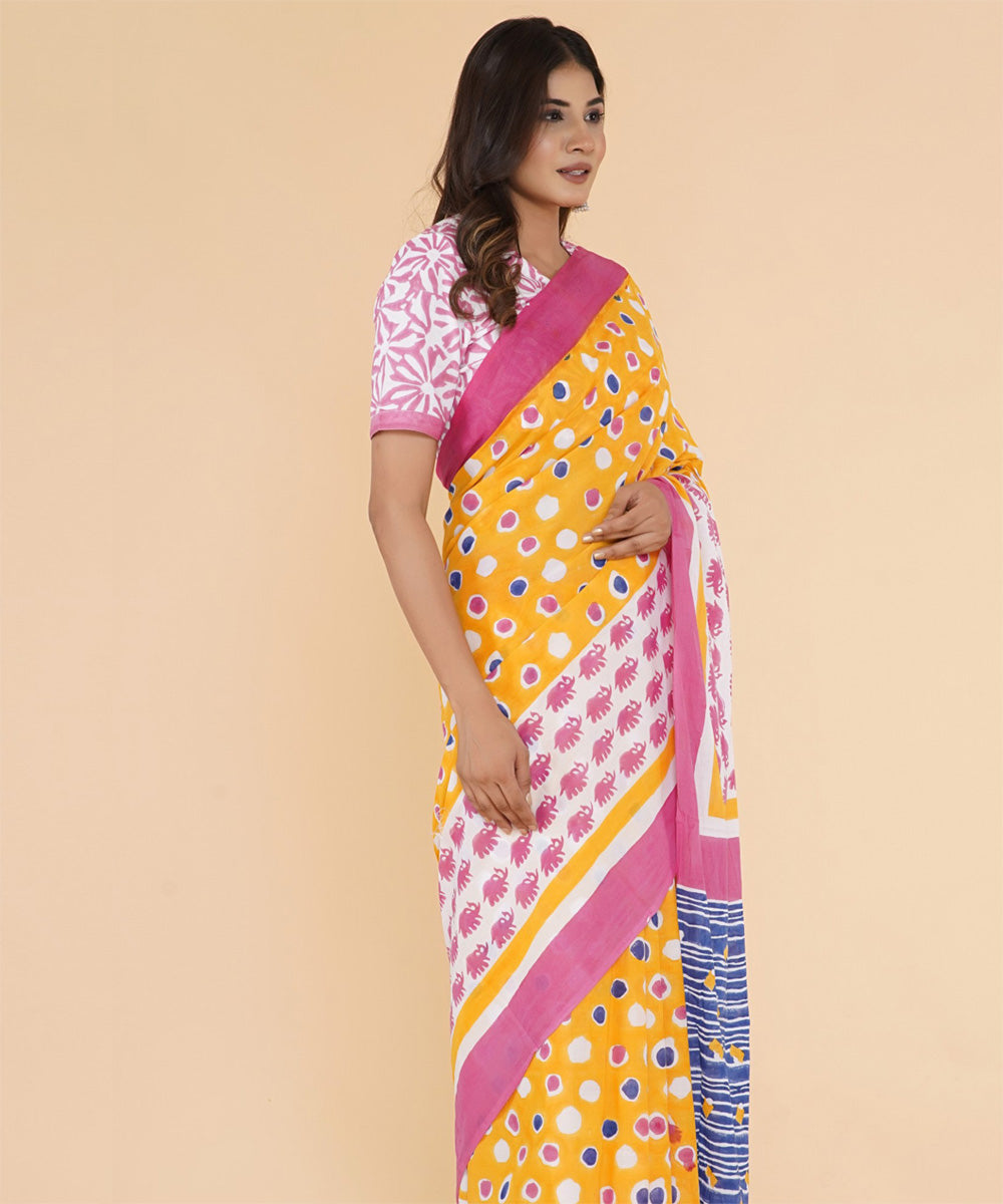 Pink yellow navy blue hand sanganeri printed cotton saree