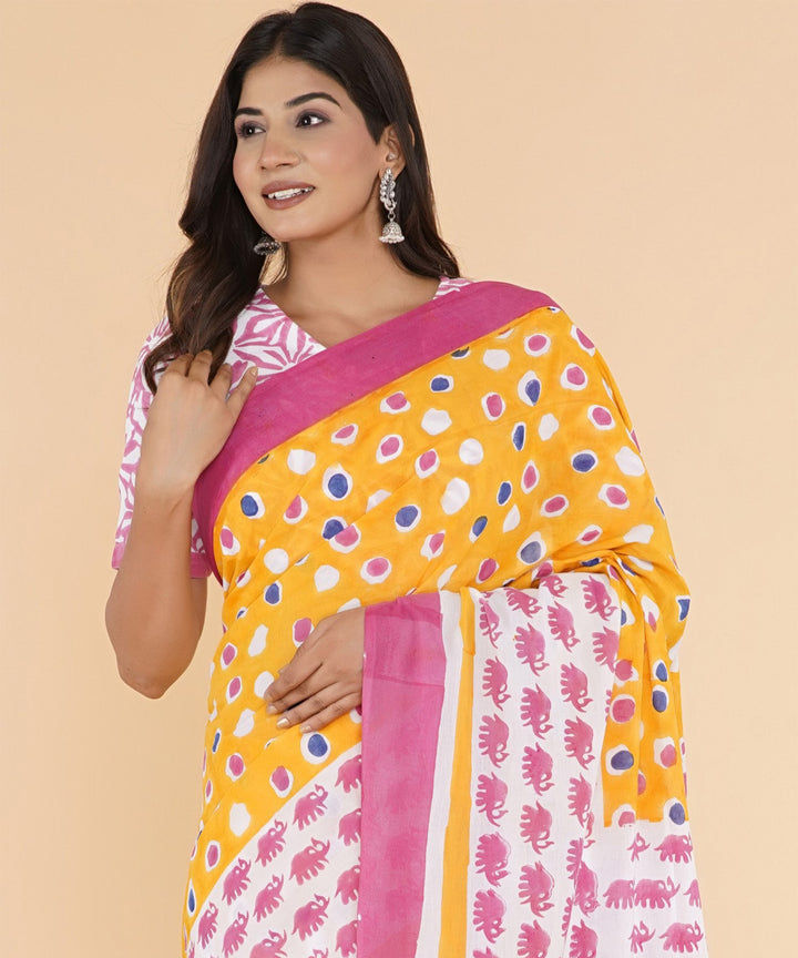 Pink yellow navy blue hand sanganeri printed cotton saree