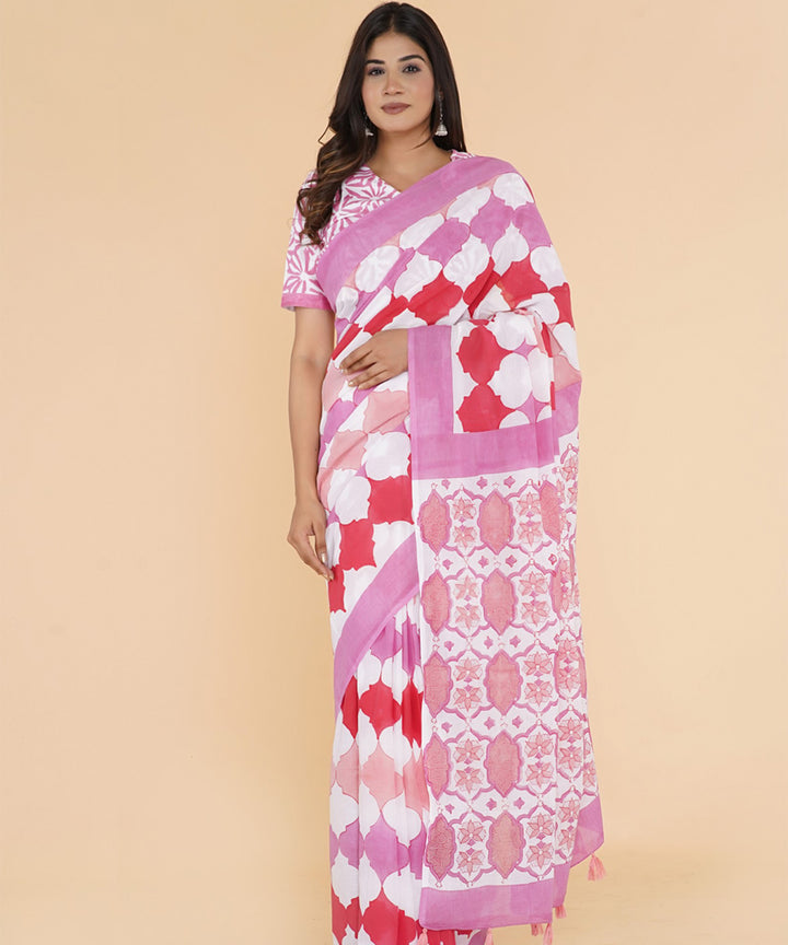 Pink red hand sanganeri printed cotton saree