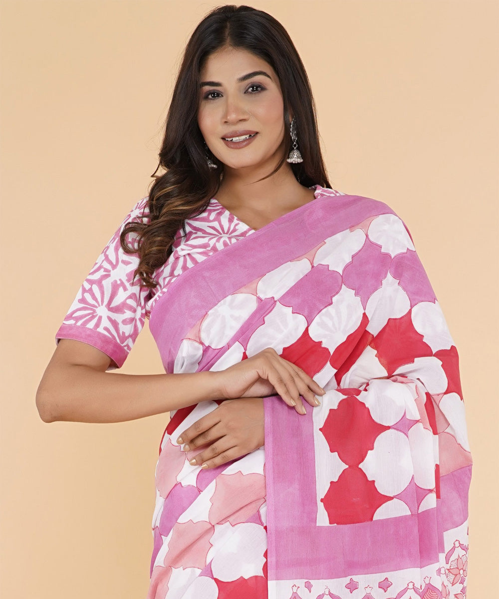 Pink red hand sanganeri printed cotton saree