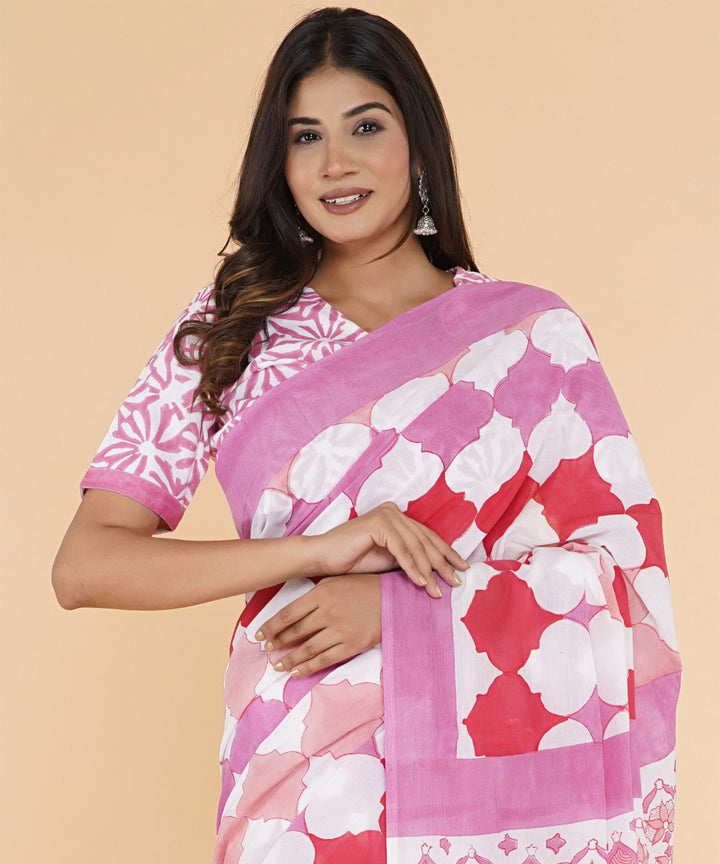 Pink red hand sanganeri printed cotton saree