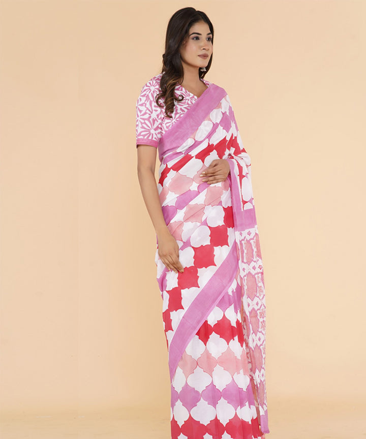 Pink red hand sanganeri printed cotton saree