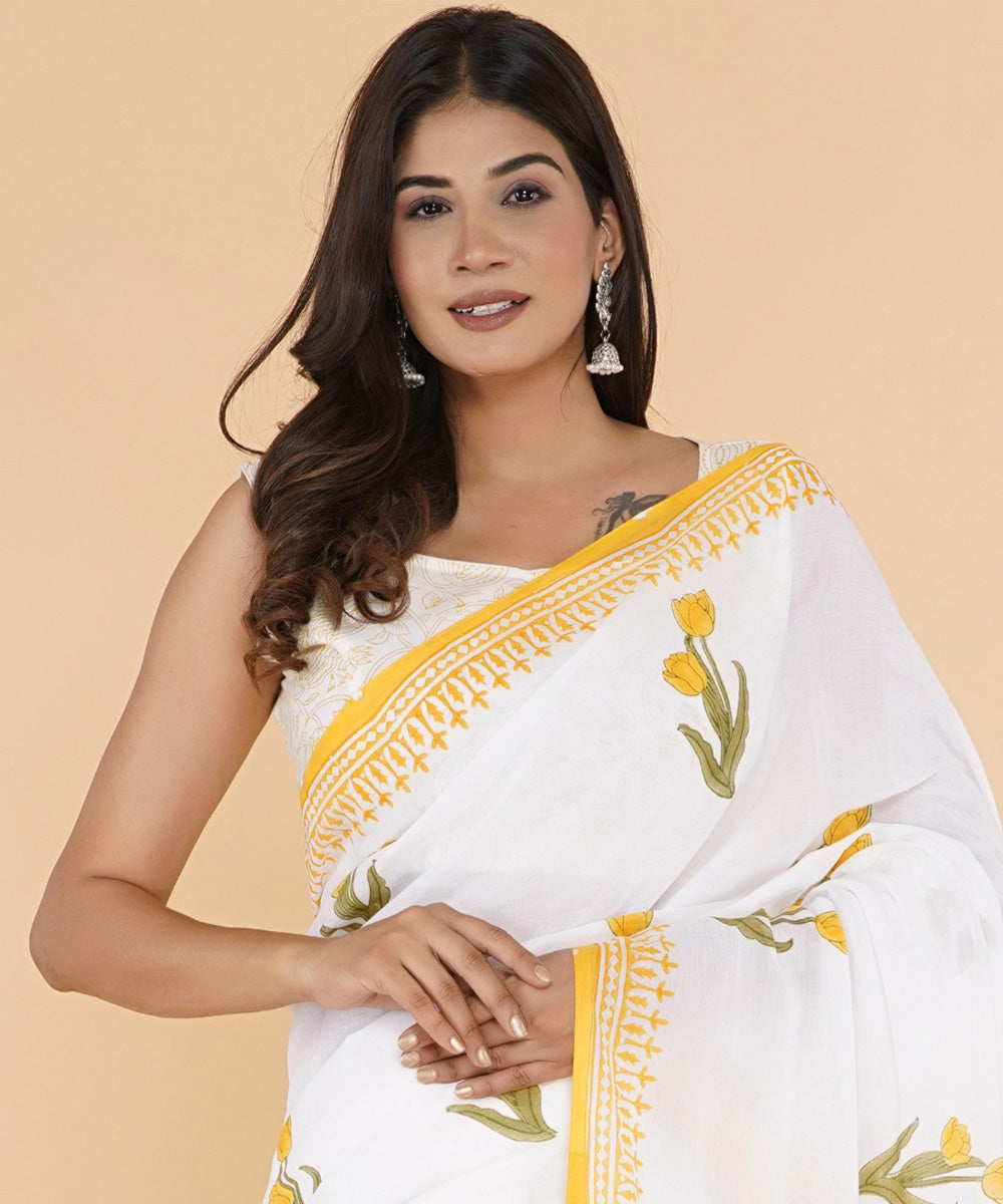 Yellow offwhite hand printed cotton sanganeri saree