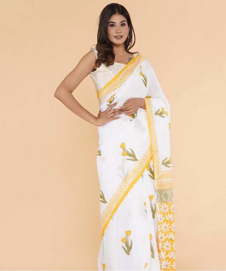 Yellow offwhite hand printed cotton sanganeri saree