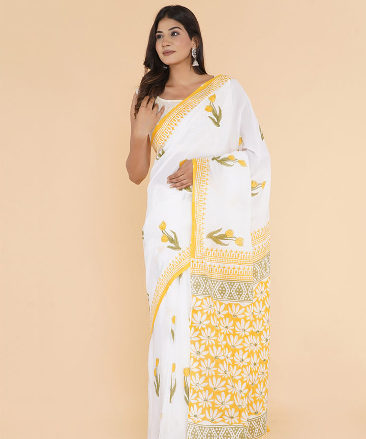 Yellow offwhite hand printed cotton sanganeri saree
