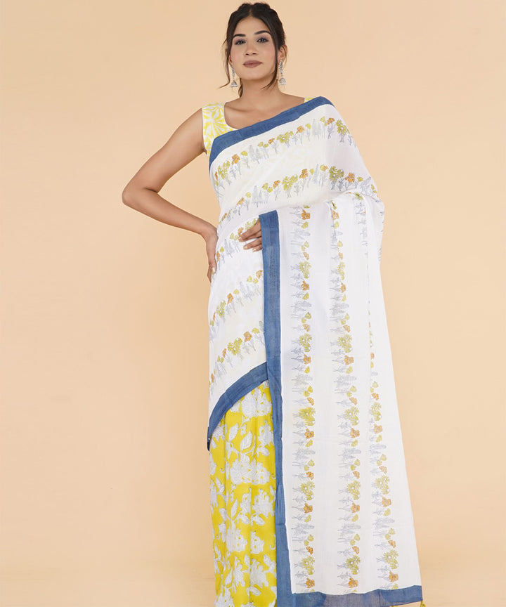 Yellow offwhite sanganeri printed cotton saree