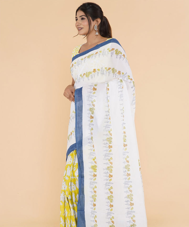 Yellow offwhite sanganeri printed cotton saree