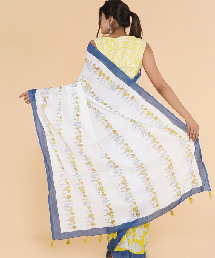 Yellow offwhite sanganeri printed cotton saree