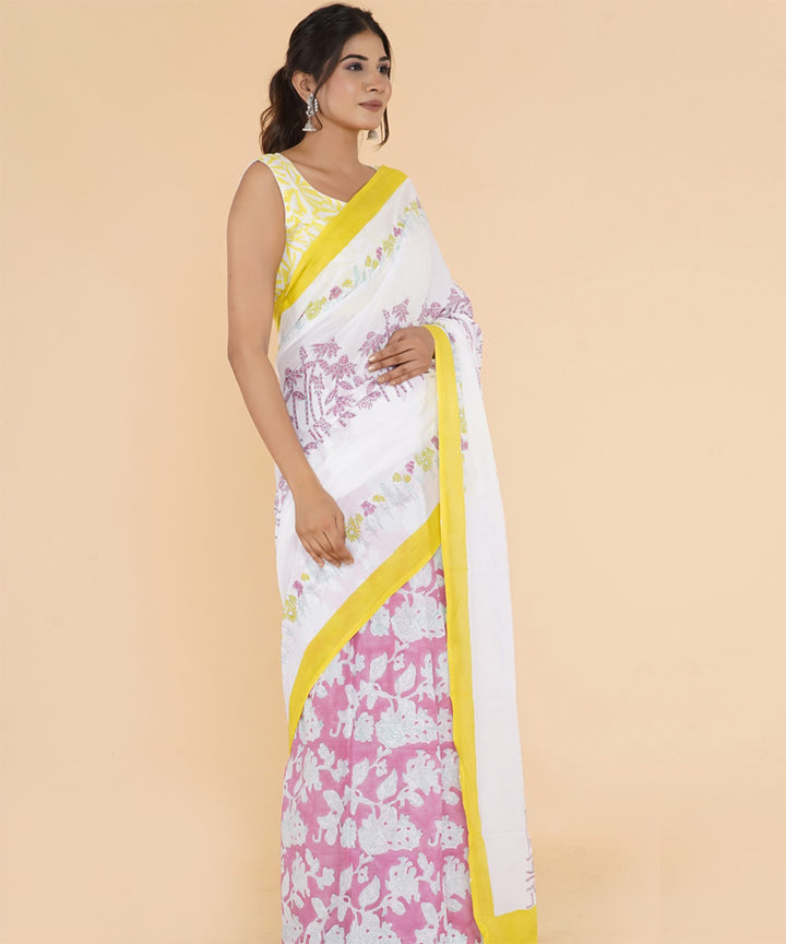 Yellow offwhite cotton sanganeri printed saree