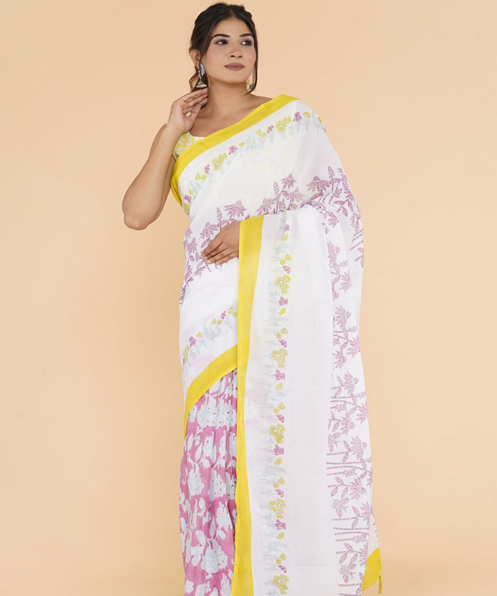 Yellow offwhite cotton sanganeri printed saree