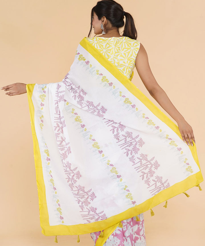 Yellow offwhite cotton sanganeri printed saree