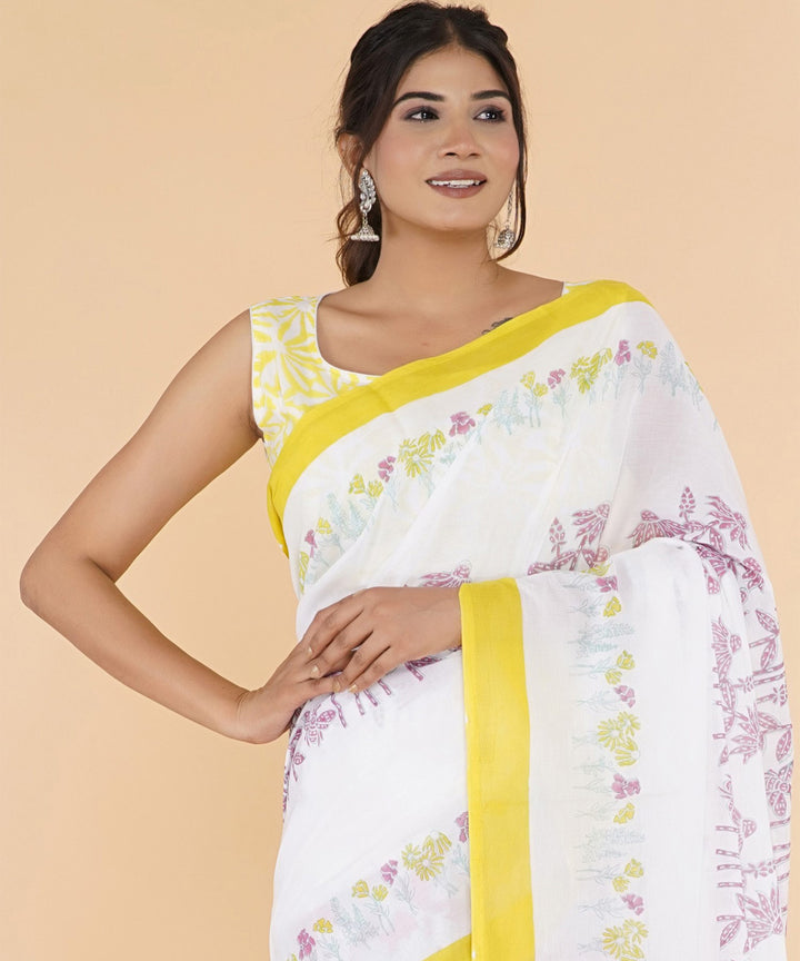 Yellow offwhite cotton sanganeri printed saree