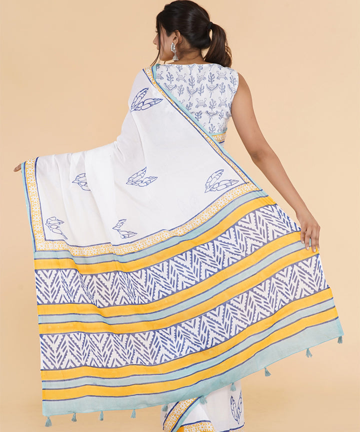 Navy blue yellow hand printed sanganeri cotton saree