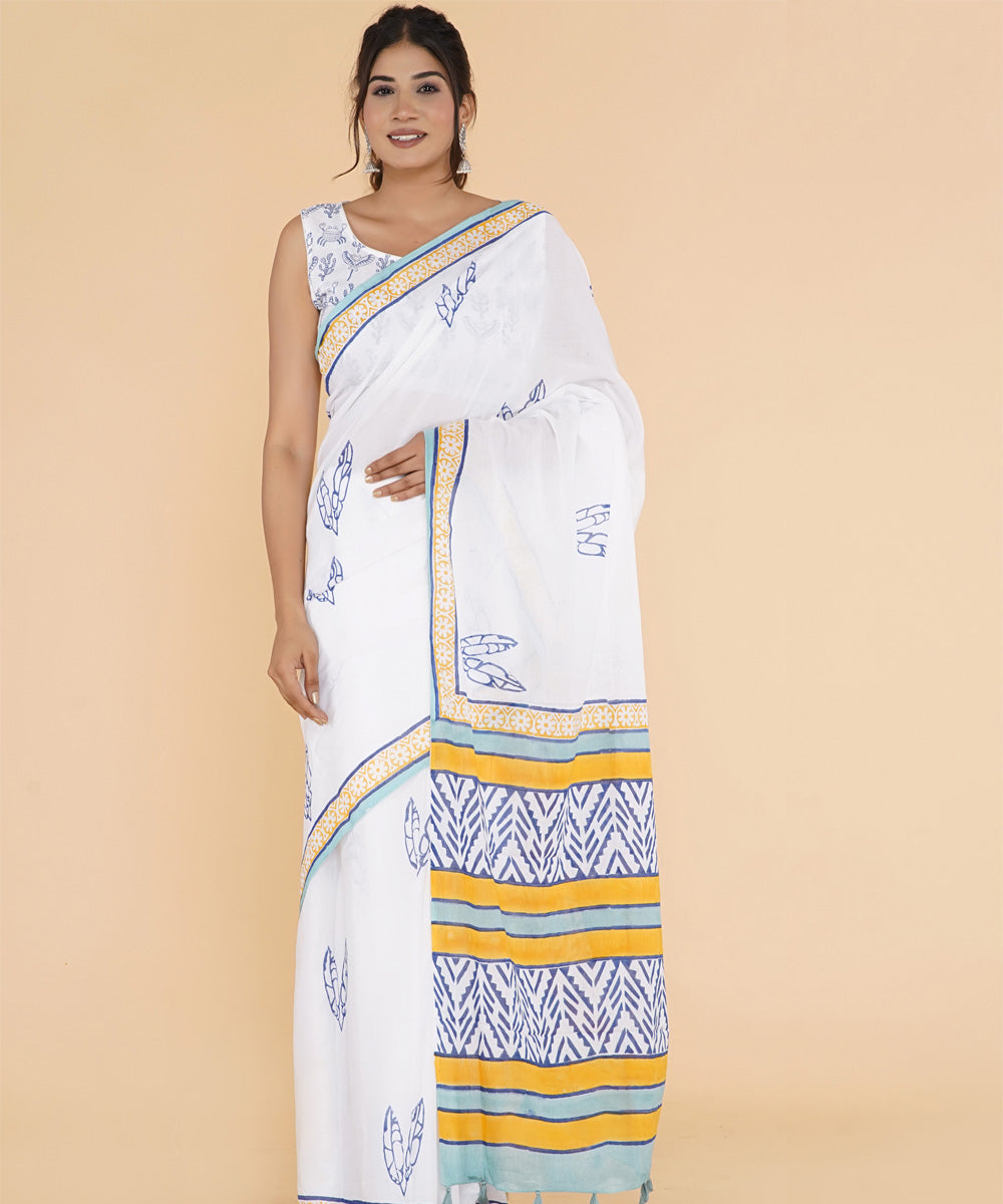 Navy blue yellow hand printed sanganeri cotton saree