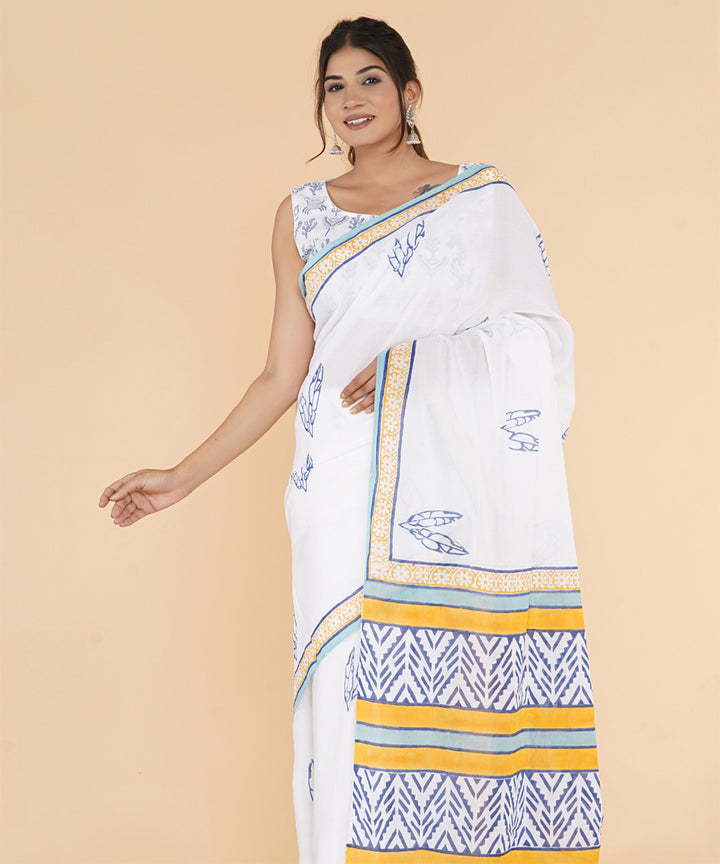 Navy blue yellow hand printed sanganeri cotton saree