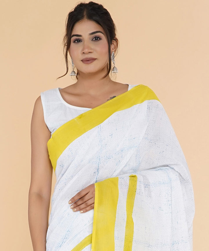 Yellow offwhite cotton hand sanganeri printed saree