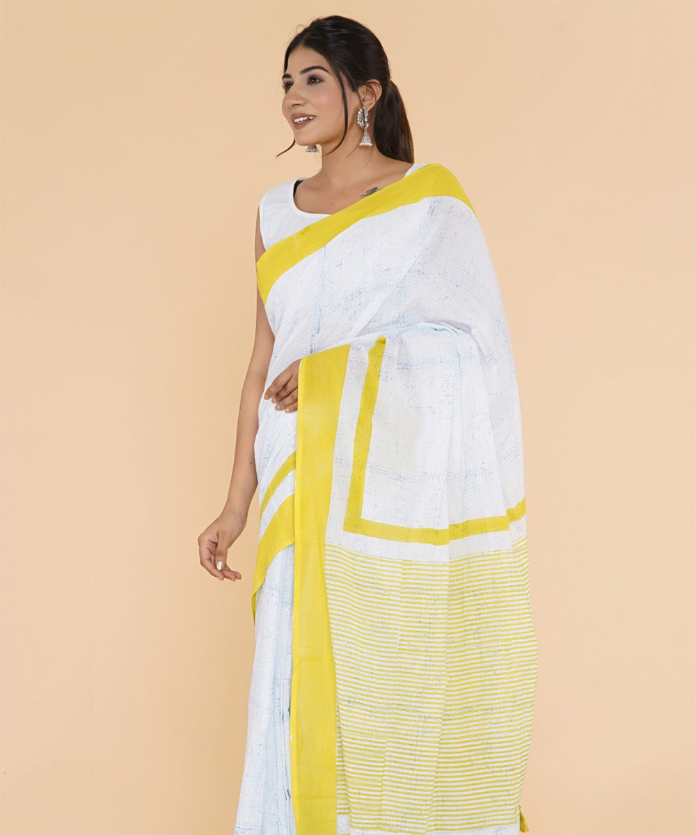 Yellow offwhite cotton hand sanganeri printed saree