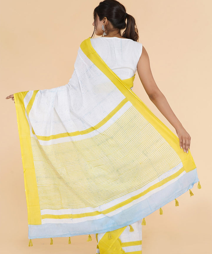 Yellow offwhite cotton hand sanganeri printed saree