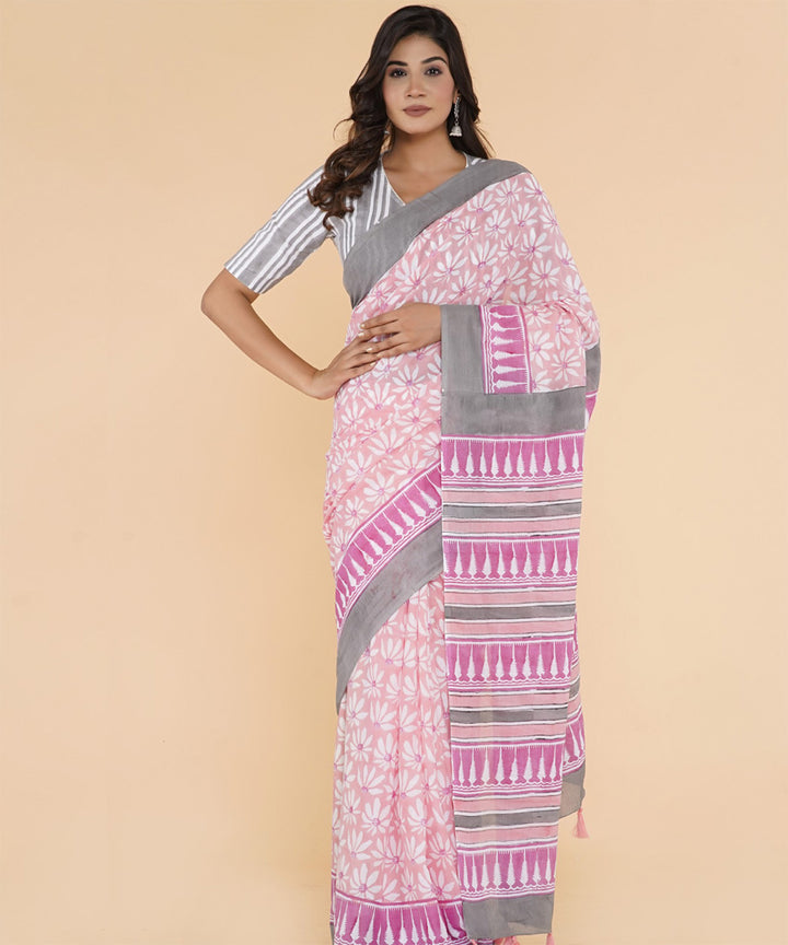 Grey pink hand sanganeri printed cotton saree