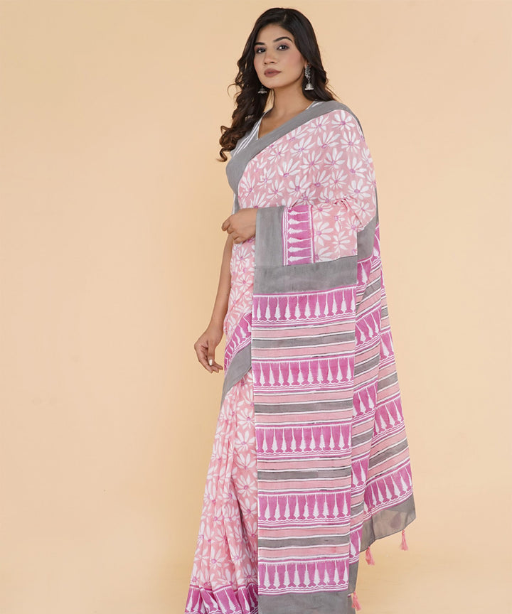 Grey pink hand sanganeri printed cotton saree