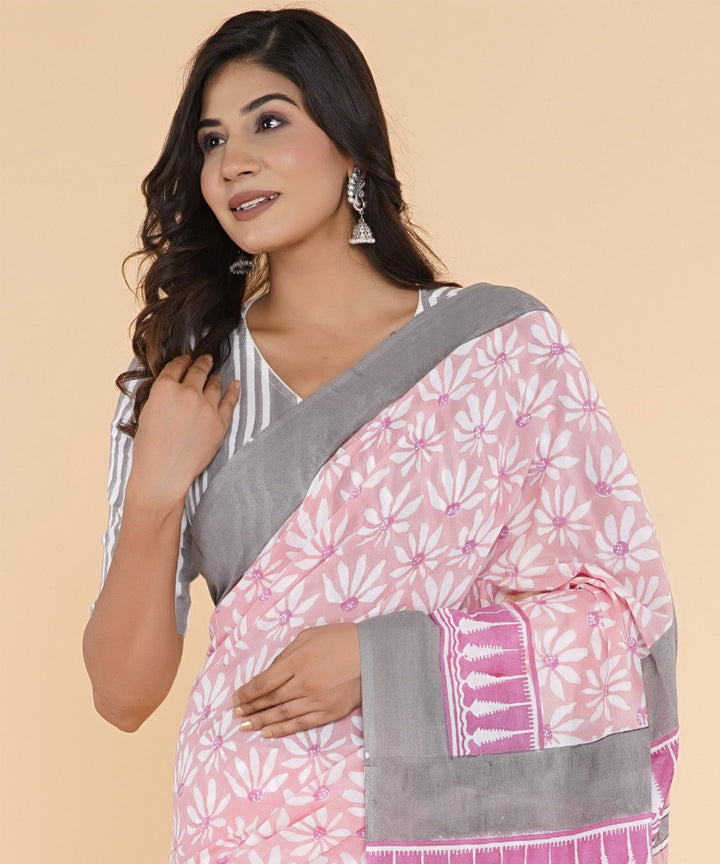 Grey pink hand sanganeri printed cotton saree