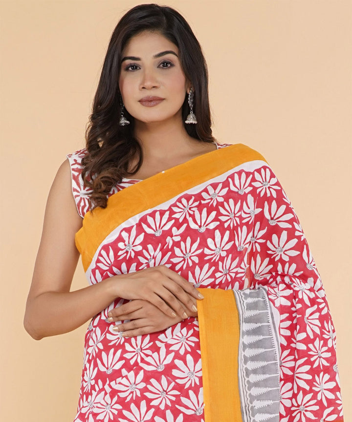 Pink mustard hand sanganeri printed cotton saree