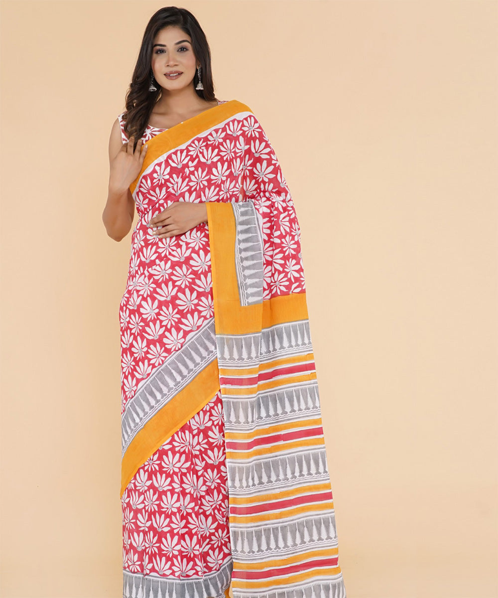 Pink mustard hand sanganeri printed cotton saree